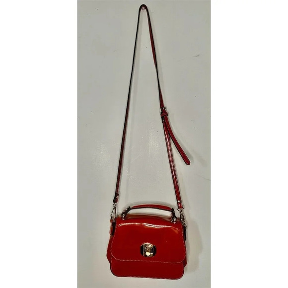 Melie Bianco Red Faux Leather Crossbody Bag Polka Dot Interior Gold Hardware - Picture 1 of 9